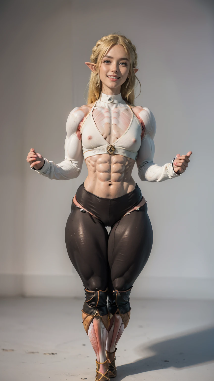 (Muscular:2.5), (thick thighs:2.5),
princess_zelda_aiwaifu, (pointy ears), braid, hair ornament, hairclip, fingerless gloves, blue shirt, (halter top), long sleeves, crown braid, (blunt bangs:1.2), green eyes, sidelocks, thick eyebrows, (black pants, tight pants:1.4), (big smile:1.3), (long blonde hair:1.3),
(hard nipples), (flat chest:2),
eyeshadow, lipstick, (midriff, abs),
looking at viewer, (three quarter view:1.4), (upper body view:1.4),
rim lighting, detailed skin, detailed eyes, grassy field