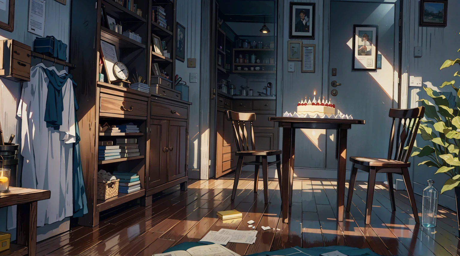 （best quality，masterpiece：1.2，detailed details，4k），A dim old apartment, a small birthday cake on an old wooden table, a modern apartment, an alarm clock on the wall, an anime scene,the wooden floor, 