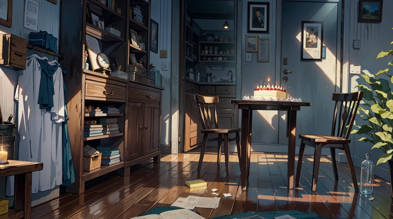 (best quality,masterpiece:1.2,detailed details,4k),A dim old apartment, a small birthday cake on an old wooden table, a modern apartment, an alarm clock on the wall, an anime scene,the wooden floor,