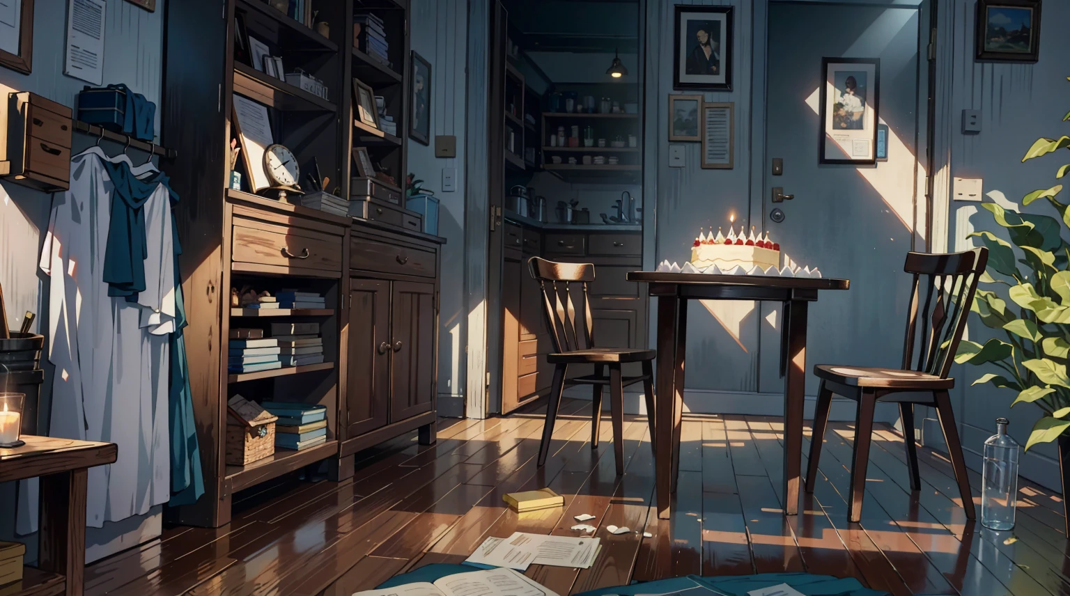 (best quality,masterpiece:1.2,detailed details,4k),A dim old apartment, a small birthday cake on an old wooden table, a modern apartment, an alarm clock on the wall, an anime scene,the wooden floor,