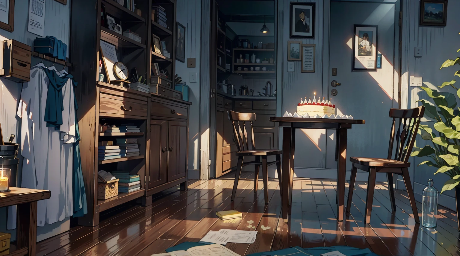 (best quality,masterpiece:1.2,detailed details,4k),A dim old apartment, a small birthday cake on an old wooden table, a modern apartment, an alarm clock on the wall, an anime scene,the wooden floor,