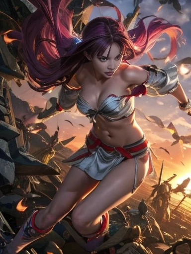 Highest quality、Realistic、Battle of Despair 1:8、Beautiful woman with very long purple hair、White Armor（Small breasts、Off the shoulder、No sleeve、Cleavage 、Belly button、High leg、Thigh exposure、Elbow ）、Tears overflow、Frightened expression、run away、Attacked by mutants 1:5、Many violent mutants 1:5、Mutant Holding Arm Mutant attacks 、Mutant grabs leg、Mutant Swarm 1:5、Midnight、Different world、Dark fantasy、hell