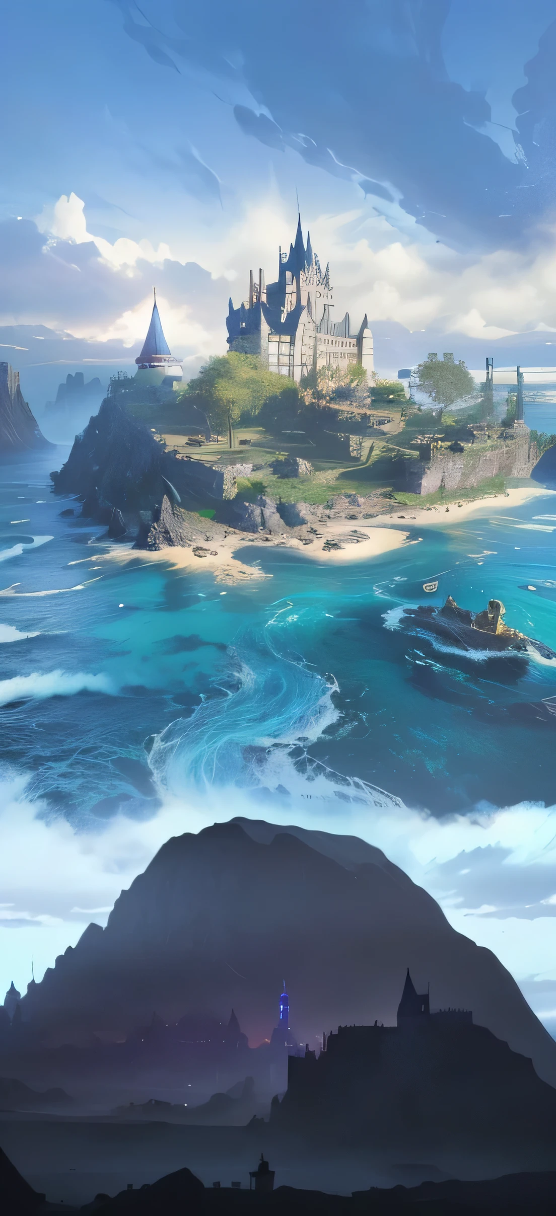 a large rock in the foreground, a castle in the background, Ross Chen, fantasy landscape with water everywhere, awe-inspiring, concept art, final fantasy vll world concept, epic island scenery, anime scenery concept art, fantasy concept art, concept art, epic scenery, beautiful concept art, conceptual world art, concept art, 8K,Super Fine,Magic Castle has a lot of content