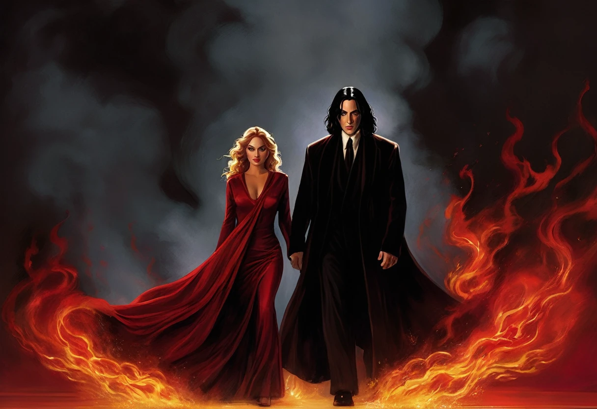 
- Scene: Create an image of two people in love in a setting of mystery and passion.
  
- Woman's Appearance:
  - Resembles Beyoncé
  - Brown skin
  - Long, golden blonde curly hair
  - Confident and  expression
  - Wearing a red dress, elegant and form-fitting
  - Lips painted a deep, intense red

- Man's Appearance:
  - Resembles Severus Snape
  - Pale skin
  - Large nose
  - Black, straight hair falling around his face in a somber manner
  - Serious and intense expression
  - Wearing a black cloak, contrasting with the flames around them

- Atmosphere:
  - Surrounded by flames, creating a mystical and fiery ambiance
  - Soft lighting highlighting their faces, enhancing the sparkle in their eyes
  - Flames adding an element of intensity and mystery to the scene
  - They are close to each other, gazing intensely into each other's eyes, exuding a strong emotional connection
