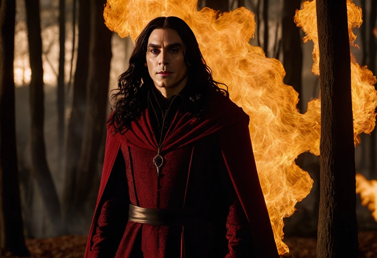 
- Scene: Create an image of two people in love in a setting of mystery and passion.
  
- Woman's Appearance:
  - Resembles Beyoncé
  - Brown skin
  - Long, golden blonde curly hair
  - Confident and seductive expression
  - Wearing a red dress, elegant and form-fitting
  - Lips painted a deep, intense red

- Man's Appearance:
  - Resembles Severus Snape
  - Pale skin
  - Large nose
  - Black, straight hair falling around his face in a somber manner
  - Serious and intense expression
  - Wearing a black cloak, contrasting with the flames around them

- Atmosphere:
  - Surrounded by flames, creating a mystical and fiery ambiance
  - Soft lighting highlighting their faces, enhancing the sparkle in their eyes
  - Flames adding an element of intensity and mystery to the scene
  - They are close to each other, gazing intensely into each other's eyes, exuding a strong emotional connection
