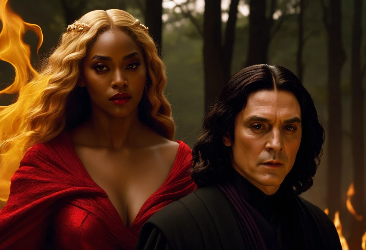 - Scene: Create an image of two people in love in a setting of mystery and passion.
- Woman's Appearance:
- Resembles Beyoncé
- Brown skin
- Long, golden blonde curly hair
- Confident and seductive expression
- Wearing a red dress, elegant and form-fitting
- Lips painted a deep, intense red
- Man's Appearance:
- Resembles Severus Snape
- Pale skin
- Large nose
- Black, straight hair falling around his face in a somber manner
- Serious and intense expression
- Wearing a black cloak, contrasting with the flames around them
- Atmosphere:
- Surrounded by flames, creating a mystical and fiery ambiance
- Soft lighting highlighting their faces, enhancing the sparkle in their eyes
- Flames adding an element of intensity and mystery to the scene
- They are close to each other, gazing intensely into each other's eyes, exuding a strong emotional connection
