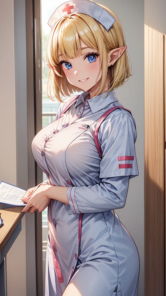 (Cowboy Shot、Very close)、((Focus on the upper body))、(((16K、masterpiece、High resolution、High resolution)))、ung elven girl))、((Beautiful blonde))、short hair、((Beautiful Blue Eyes))、((Pointy Ears))、、Smiling Kindly、Grin、blush、Pink Lip Gloss,((A tight fitting pure white nurse uniform))、((Hospital room))、((Hold documents))、((Look up at me))