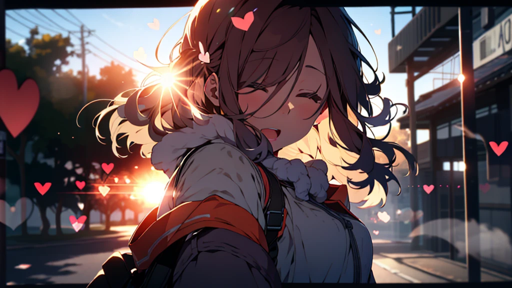 girl, Upper Body, (LOL:1.1), (Open your mouth:1.1), close your eyes, Sun glare, Bokeh, Depth of written boundary, Blurred Background, Particles of light, Strong winds, (Heart Particles:1.2)
