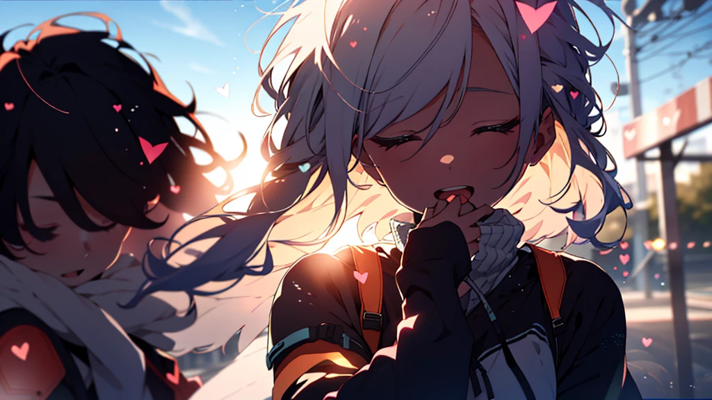 girl, Upper Body, (LOL:1.1), (Open your mouth:1.1), close your eyes, Sun glare, Bokeh, Depth of written boundary, Blurred Background, Particles of light, Strong winds, (Heart Particles:1.2)