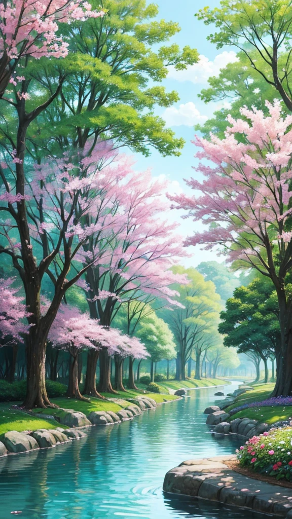 a painting of a pathway leading to a river with trees and flowers, beautiful anime scenery, anime scenery, beautiful anime scene, anime landscape, anime beautiful peace scene, anime nature, anime nature wallpap, anime landscape wallpaper, scenery artwork, anime background art, anime countryside landscape, scenery wallpaper, scenery art detailed, anime background, beautiful cityscape