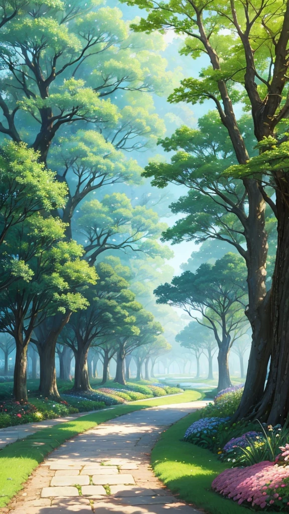 a painting of a pathway leading to a river with trees and flowers, beautiful anime scenery, anime scenery, beautiful anime scene, anime landscape, anime beautiful peace scene, anime nature, anime nature wallpap, anime landscape wallpaper, scenery artwork, anime background art, anime countryside landscape, scenery wallpaper, scenery art detailed, anime background, beautiful cityscape