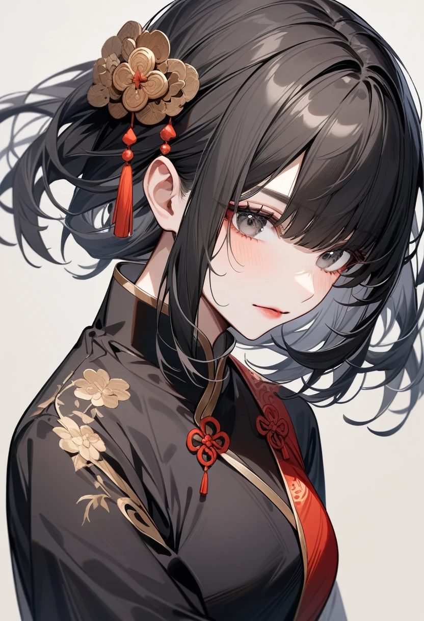 Older women,Black long hair,Bangs,Big ,Chinese style,Beautiful black eyes,Extremely detailed,high resolution,Simple background