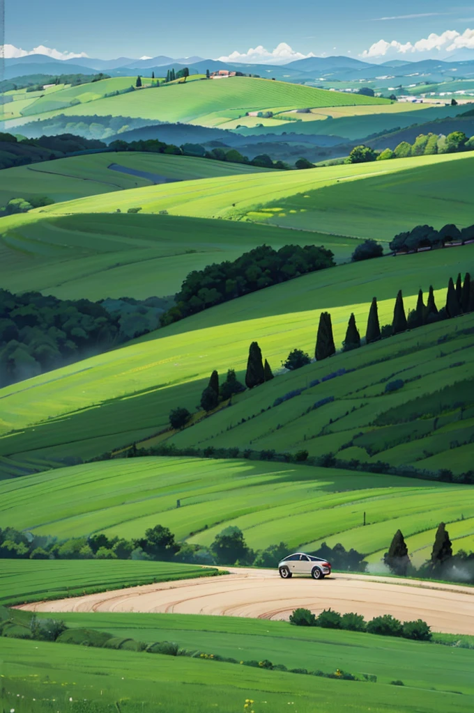 sweeping view of a green field with a road in the foreground, hills of tuscany, with rolling hills, rolling green hills, lush hinterland, Italy, southern european scenery, hinterland, stunning landscape, stunning landscape, rolling hills, rolling foothills, spots of green fields, Cypresses and hills, Incredible landscape, country landscape, Incredible landscape in background, beautiful valley