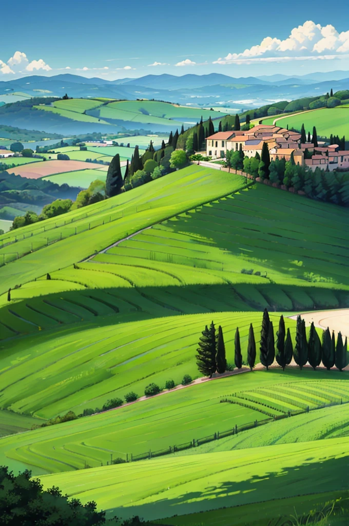 sweeping view of a green field with a road in the foreground, hills of tuscany, with rolling hills, rolling green hills, lush hinterland, Italy, southern european scenery, hinterland, stunning landscape, stunning landscape, rolling hills, rolling foothills, spots of green fields, Cypresses and hills, Incredible landscape, country landscape, Incredible landscape in background, beautiful valley
