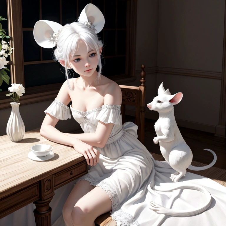 from front, portrait, from above, High resolution, high definition, ultra detailed, 4k, 8k, super masterpiece, BJD and a small white mouse are staring at each other, BJD is modeled after a beautiful 18-year-old woman, life size, Joints in the body are mechanical, BJD are battery powered, BJD are beautiful like sculptures, Hard white porcelain skin that shines white, BJD is sitting on a chair and looking at a white mouse, no makeup, white chignon hair, large glass eyes, Sleeveless white off-shoulder dress with elegant drape and beautiful embroidery, bisque doll, The white mouse is so small that she can wrap it in her hands, The small white mouse stands on two legs on the table, Beautiful fur of a realistic small white mouse, dreamy, aesthetic, gothic style, fantasy,