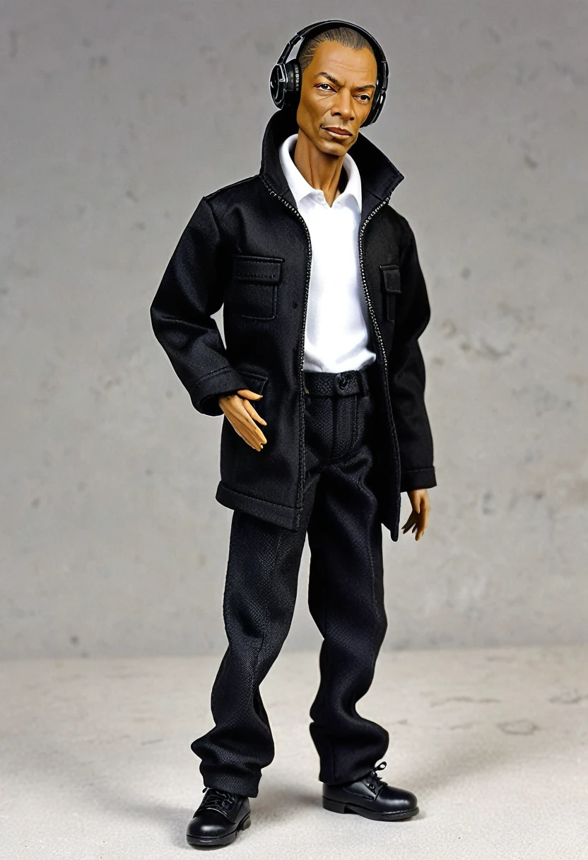 Articulated doll ( dj jeff mills ) detroit techno rosto realistico, 18cm, realisitic, blacksad, black clothing, shoes black,