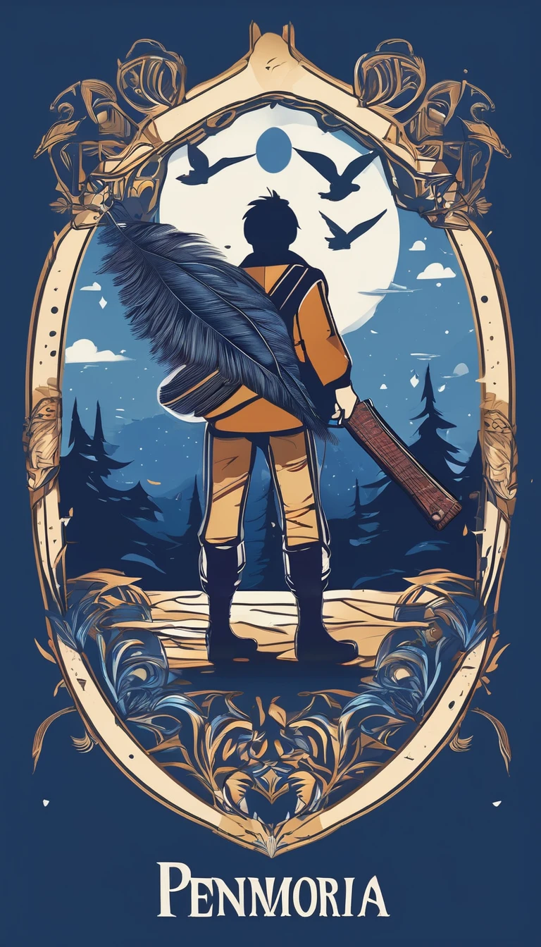 Create a minimalistic, simple, fantastic, easy to understand, logo design of a boy and a feather for an upcoming Role Playing Game called " Penamemoria". The game is about a world of bird and feathers and the inspirational, creative journey of a boy and his acoustic guitar. A boy enters that world and discovers his true artistic identity. Create a logo design that transmits the essence of this videogame and this world. It´s a fantasy game, with fantasy elements. Create the logo in the center and a fantasy theme as background. Use the colours blue, white, light golden in the logo.