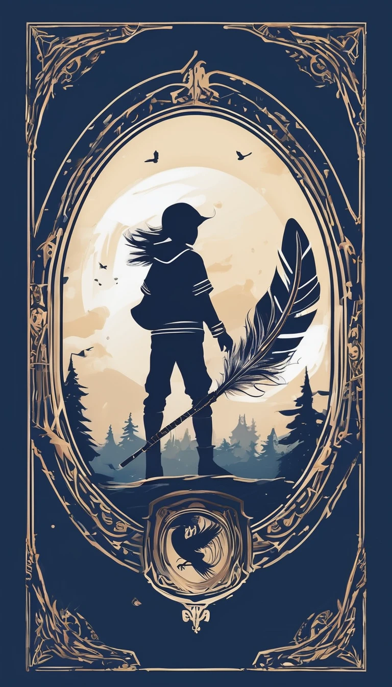 Create a minimalistic, simple, fantastic, easy to understand, logo design of a boy and a feather for an upcoming Role Playing Game called " Penamemoria". The game is about a world of bird and feathers and the inspirational, creative journey of a boy and his acoustic guitar. A boy enters that world and discovers his true artistic identity. Create a logo design that transmits the essence of this videogame and this world. It´s a fantasy game, with fantasy elements. Create the logo in the center and a fantasy theme as background. Use the colours blue, white, light golden in the logo.