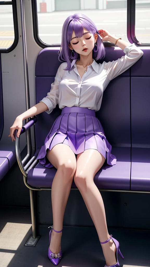 20th generation women,,Clear images、Real women 、Light purple hair, Side Tail 彼女 is fast asleep with his eyes closed and his mouth open., Slender figure ,Breasts are a little bigger than normal , Full body shot from head to toe, Shiny light purple high heels、 blouse、mini skirt、Large ring earrings, Sit down in the back of the bus, 、I threw my head back and fell into a deep sleep..,My arms are hanging down. I'm weak and want to sleep..Her knees are open and her underwear is visible., Both feet are on the floor, sleeping face, close your eyes, Mouth wide open and drool、tilt your head back and look up, You can rest your head on the seat and sleep soundly.., Anatomically correct,A composition looking up from directly in front