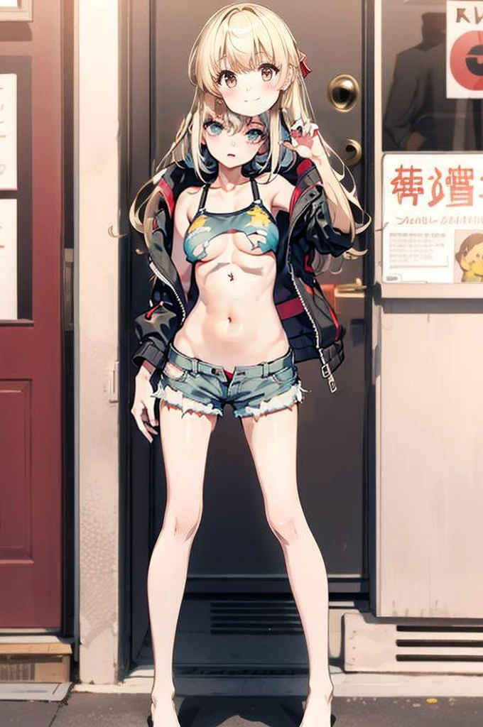 ボロボロのcamisole，Torn clothes(camisole)，(Underboob)，Damage shorts，Tattered shorts，Open button，((barefoot，Belly button))，(stomach)