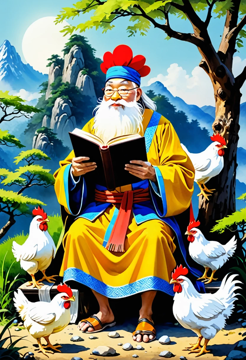 World-class paintings,Warm、fantasy、Cartoon、cute、Egg、modern style、Watercolor style、dyeing、8K、Super fine、hyper-realistic、masterpiece, best quality,Delicate face,Fine facial features,
Deep in the mountains、An old and kind chicken wise man with half-white fur is sitting in front of a big tree with four chickens surrounding a flower that emits a mysterious atmosphere.,The old chicken wise man is holding a book in his hand,The chicks are talking and discussing with their elders,and holding a book