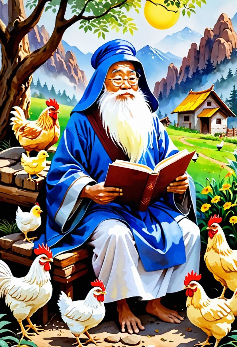 World-class paintings，Warm、fantasy、Cartoon、cute、Egg、modern style、Watercolor style、dyeing、8K、Super fine、hyper-realistic、masterpiece， best quality，Delicate face，Fine facial features，

Deep in the mountains、An old and kind chicken wise man with half-white fur is sitting in front of a big tree with four chickens surrounding a flower that emits a mysterious atmosphere.，The old chicken wise man is holding a book in his hand，The chicks are talking and discussing with their elders，and holding a book