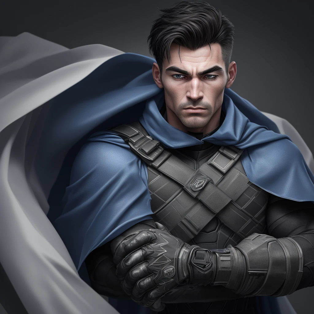 A realistic 3D male model in full body composition, wearing a full body hero suit and cape in the pattern of a professional baseball uniform, a very short haired, crew cut, cool, dandy-like, veteran-aged man with a shiny, sparkling blue cape that is longer than his body, gloves and a cap are always worn, an original hero, only the eyebrows, eyelashes and eyes are visible, his mouth is bandaged and sealed, the upper half of his face is bare with a sharp gaze, he has six pack abs, a muscular macho man with a sturdy body, he has both legs closed, his hands are clasped behind his back in an X shape, his whole body is bound and sealed with duct tape and he is held down. He has collapsed from exhaustion and is sleeping with his eyes closed. A coat of arms, in a dark room background, his whole body facing forward, backward, left and right (north, south, east and west), an image of him being restrained and mummified.