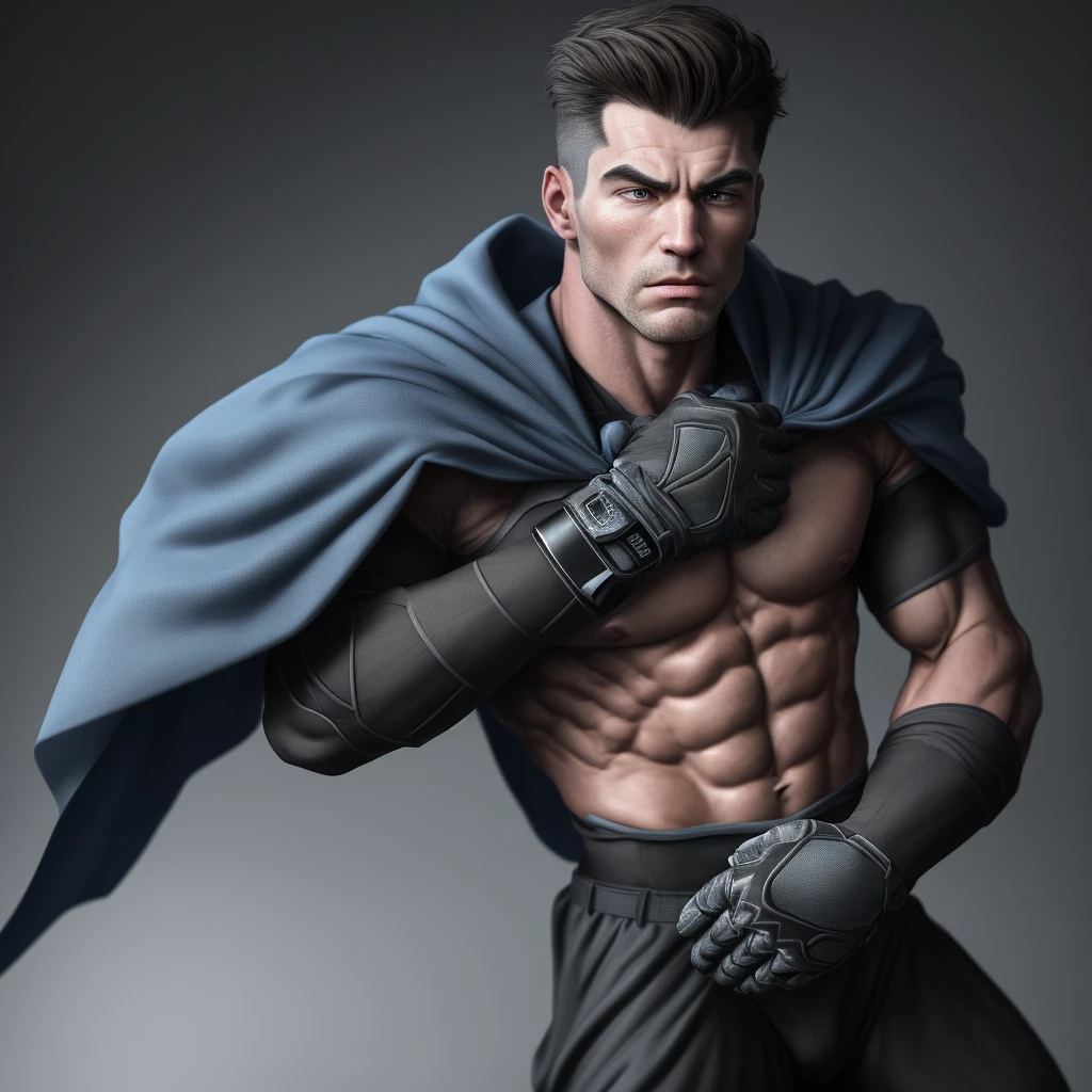 A realistic 3D male model in full body composition, wearing a full body hero suit and cape in the pattern of a professional baseball uniform, a very short haired, crew cut, cool, dandy-like, veteran-aged man with a shiny, sparkling blue cape that is longer than his body, gloves and a cap are always worn, an original hero, only the eyebrows, eyelashes and eyes are visible, his mouth is bandaged and sealed, the upper half of his face is bare with a sharp gaze, he has six pack abs, a muscular macho man with a sturdy body, he has both legs closed, his hands are clasped behind his back in an X shape, his whole body is bound and sealed with duct tape and he is held down. He has collapsed from exhaustion and is sleeping with his eyes closed. A coat of arms, in a dark room background, his whole body facing forward, backward, left and right (north, south, east and west), an image of him being restrained and mummified.