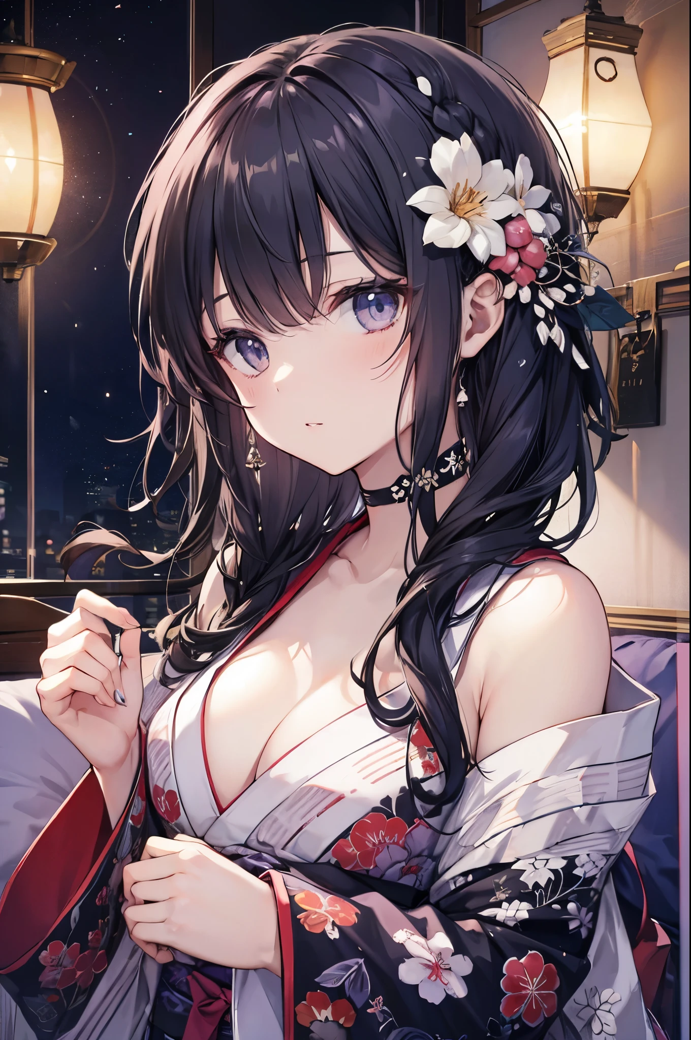 adult lady,Huge breasts, a moon, paper lanterns, natta, 独奏,, hair adornments, Kimono, Komono, playing in the water, Eau, Hair Flowers, florals, plein air, Skysky, fullmoon, Sateen, A dark-haired, off shoulders, mont, clouds, Hugged, sash, bare shoulders, paper lanterns, is standing, White kimono, nigh sky, sideboob barbosa, Obi, bangss, The tree, From Side, Reflectors, shorth hair, cloudy ash sky, wetting hair (((masterpiece),(the Extremely Detailed CG Unity 8K Wallpapers)、top-quality、电影灯光、细致背景、beatiful detailed eyes、Bright pupils、(extremely delicate and beautiful)、(Beautiful and detailed eyes description)、ultra-detailliert、masterpiece、((lightsmile、(Drunken eyes,コック痴女,red blush))),