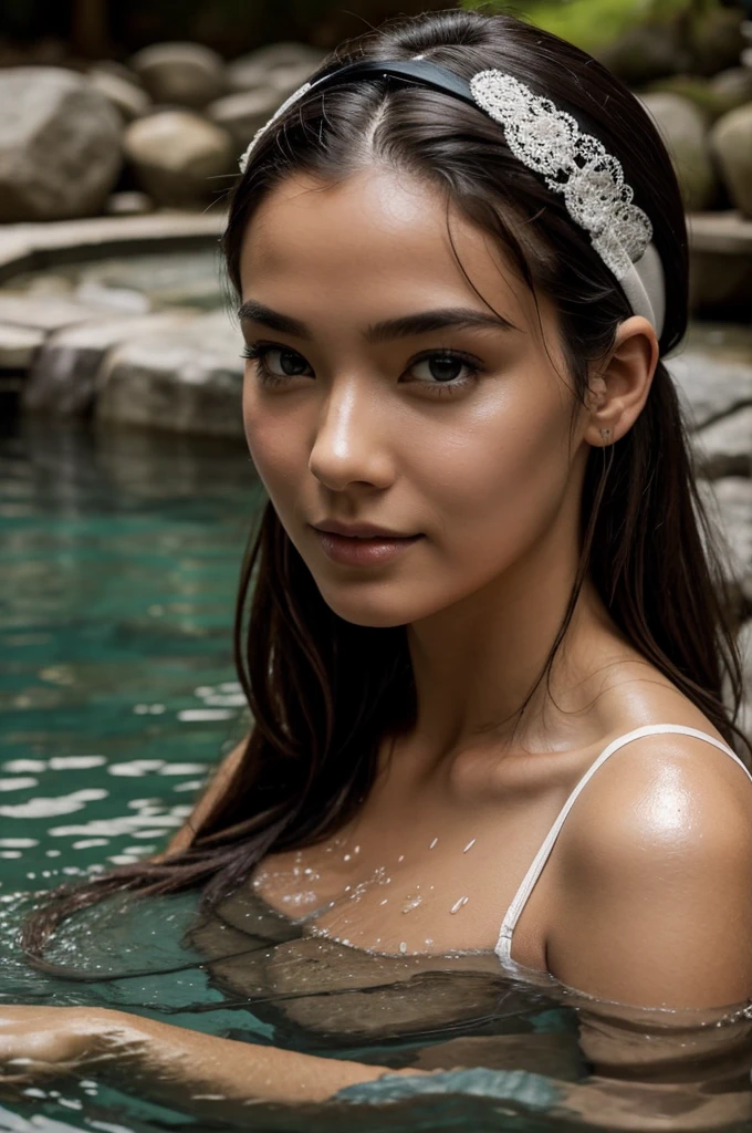 Best Quality, Masterpiece, super high resolution, A super model submerged in hot springs in Japan., outdoor hot springs, stone hot springs, surrounded by moss and trees, super beautiful face, pure body, clear pores visible, (SMILE:0.8), using division (lace headband:1.2), (realism:1.5), Photo original, soaked body, covered in sweat, bare shoulders, in the dark, deep shadows, low-key, cold light