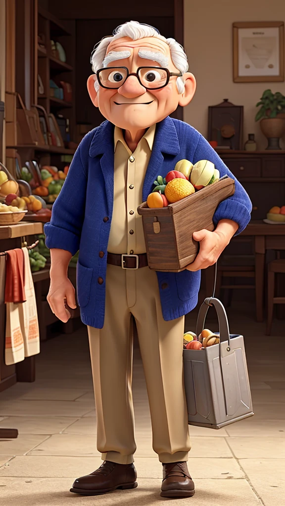 An elderly man struggling to carry groceries.