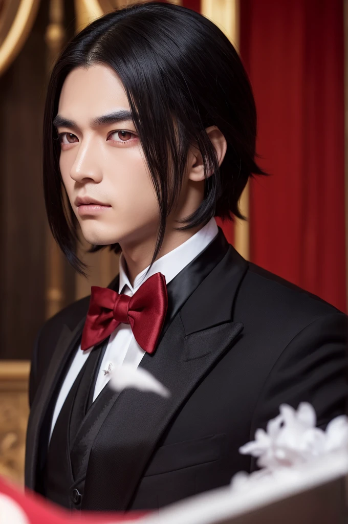 A young man with a bewitching aura, shoulder-length hair, the left eye hidden by hair, black hair that fades to red at the ends, red eyebrows, slanted eyes with double eyelids, Chinese-style dress in a tailcoat 