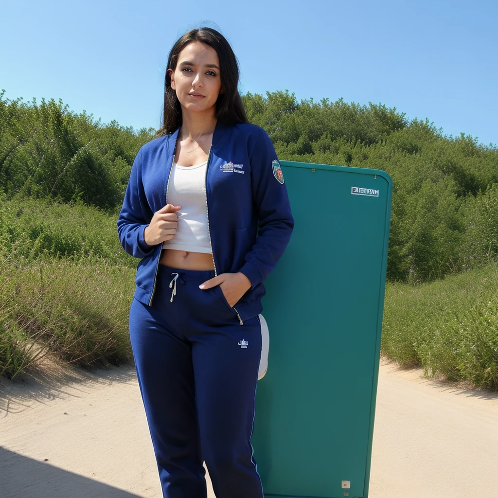 Générer une affiche publicitaire sur le secteur du transport maritime, les couleurs d'affiche publicitaire son vert, in the foreground a woman on a beach dressed in a jacket and pants representing a logistics company, une image réaliste un porte-conteneurs naviguant en mer, sky with dark blue tone
