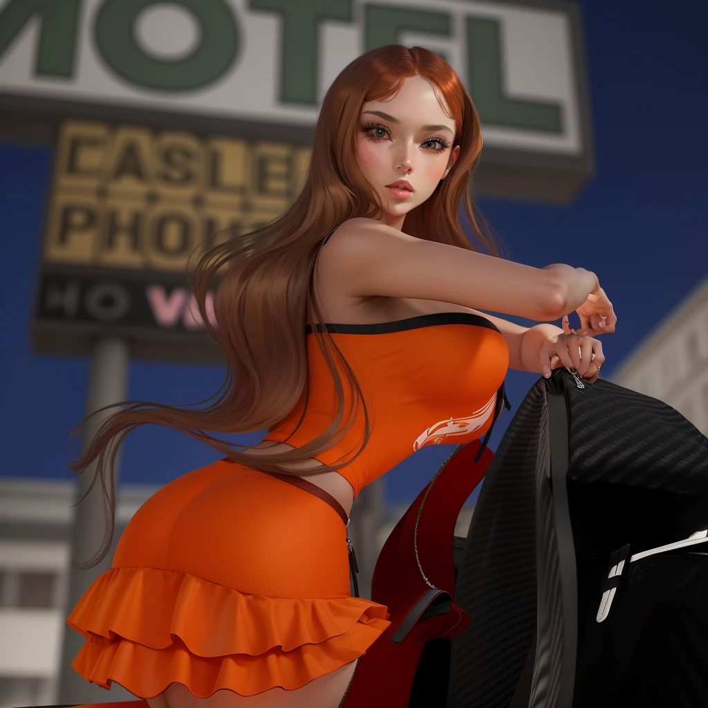 (masterpiece), (best quality), (ultra-detailed), ((masterpiece)) ((best quality)) ((ultra-detailed)) there is a woman in a short dress holding a bag, imvu, second life avatar, secondlife, orange skin, orange skin and long fiery hair, glamor profile pose, glamor pose, she has long orange brown hair, elegant pose, street pic, fluffy orange skin, orange flowing hair, , inspired by Dulah Marie Evans, daz