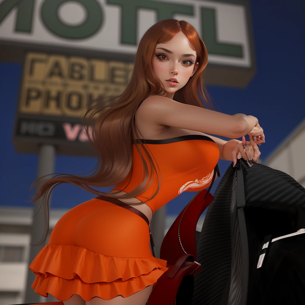 (masterpiece), (best quality), (ultra-detailed), ((masterpiece)) ((best quality)) ((ultra-detailed)) there is a woman in a short dress holding a bag, imvu, second life avatar, secondlife, orange skin, orange skin and long fiery hair, glamor profile pose, glamor pose, she has long orange brown hair, elegant pose, street pic, fluffy orange skin, orange flowing hair, , inspired by Dulah Marie Evans, daz