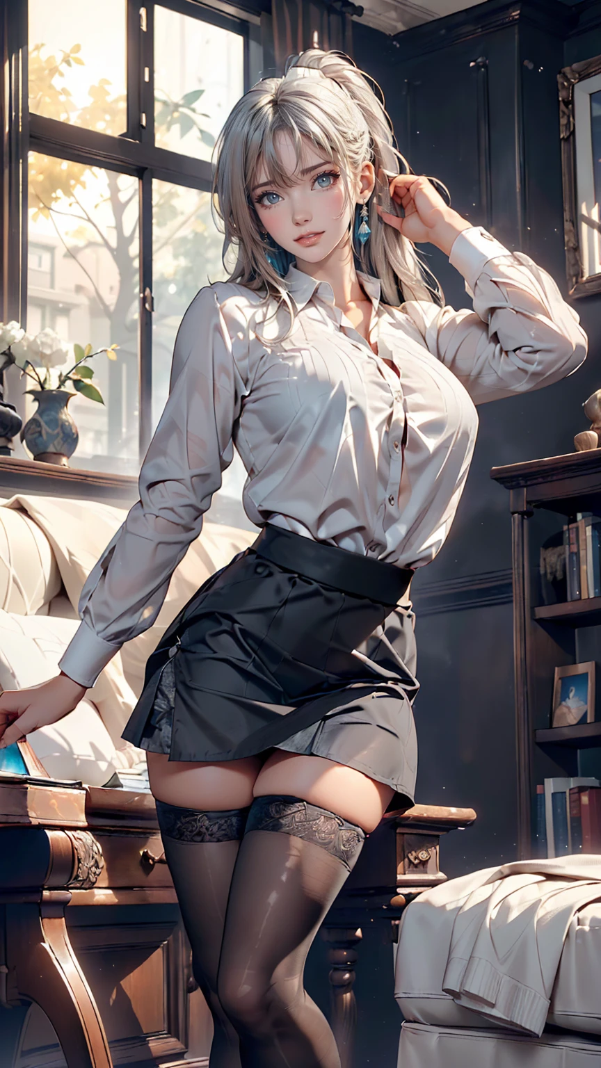 (((1 Girl)),Ray Tracing,(Dim lighting),[Detailed Background (living room)),((Silver Hair)),(Silver Hair)),((Fluffy Silver Hair, Plump and slim girls)) Raised ponytail))) Avoid golden eyes in the ominous living room ((((The girl is wearing a white opaque shirt, Black wrinkled skirt and black transparent stockings), Showing off a delicate, slender figure and graceful curves, Correct limbs, Put your hands behind your head, Put your hands behind your head, Put your hands behind your head , Eye details, Beautiful Eyes, Delicate eyes, blue eyes