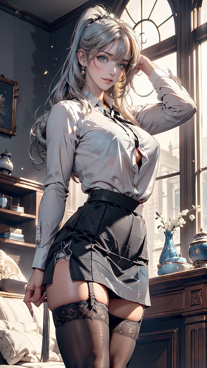 (((1 Girl)),Ray Tracing,(Dim lighting),[Detailed Background (living room)),((Silver Hair)),(Silver Hair)),((Fluffy Silver Hair, Plump and slim girls)) Raised ponytail))) Avoid golden eyes in the ominous living room ((((The girl is wearing a white opaque shirt, Black wrinkled skirt and black transparent stockings), Showing off a delicate, slender figure and graceful curves, Correct limbs, Put your hands behind your head, Put your hands behind your head, Put your hands behind your head , Eye details, Beautiful Eyes, Delicate eyes, blue eyes