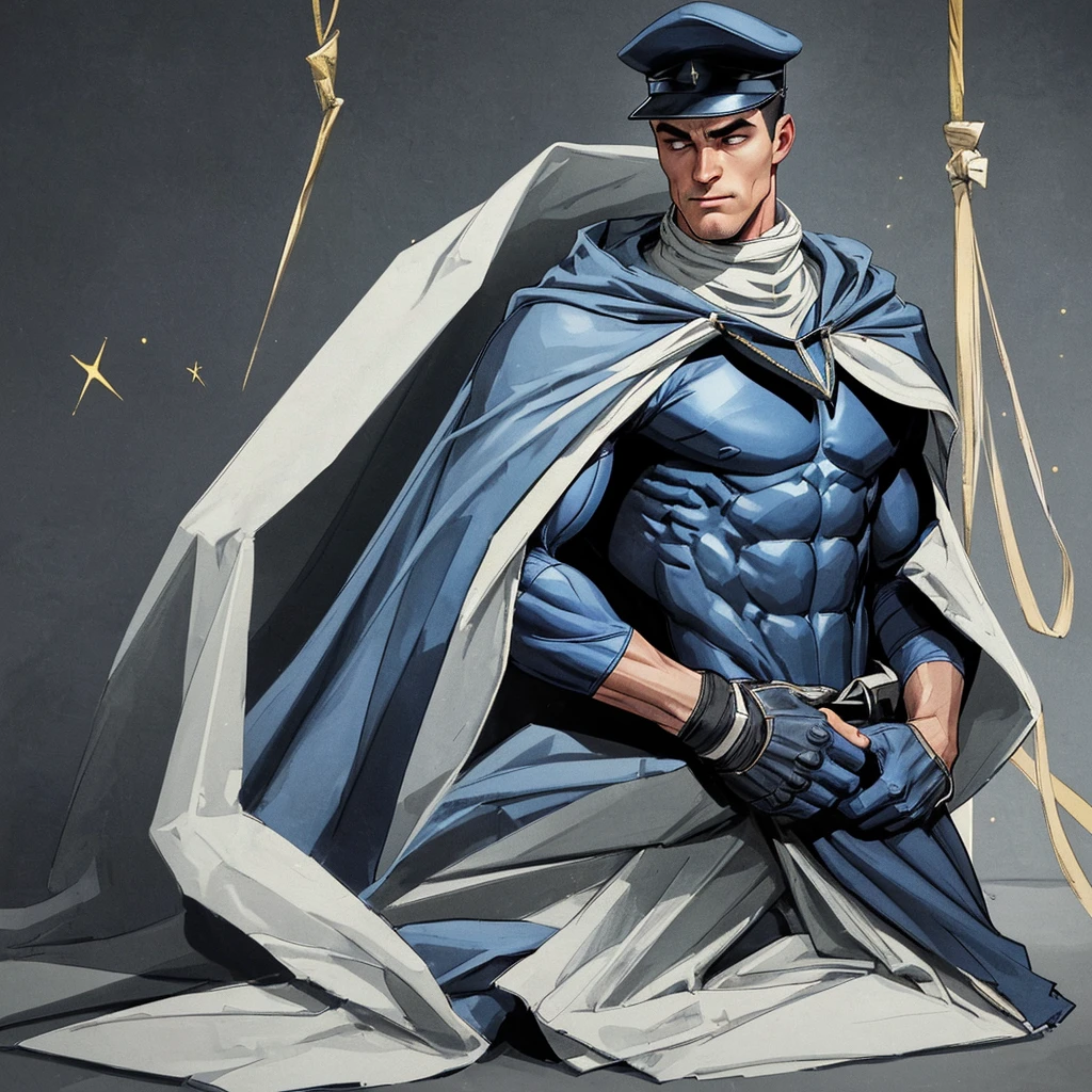 A realistic 3D male model in full body composition, wearing a full body hero suit and cape in the pattern of a professional baseball uniform, a very short haired, crew cut, cool, dandy-like, veteran-aged man with a shiny, sparkling blue cape that is longer than his body, gloves and a cap are always worn, an original hero, only the eyebrows, eyelashes and eyes are visible, his mouth is bandaged and sealed, the upper half of his face is  with a sharp gaze, he has six pack abs, a muscular macho man with a sturdy body, he has both legs closed, his hands are clasped behind his back in an X shape, his whole body is bound and sealed with duct tape and he is held down. He has collapsed from exhaustion and is sleeping with his eyes closed. A coat of arms, in a dark room background, his whole body facing forward, backward, left and right (north, south, east and west), an image of him being restrained and mummified.