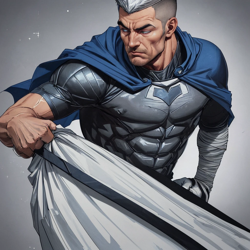 A realistic 3D male model in full body composition, wearing a full body hero suit and cape in the pattern of a professional baseball uniform, a very short haired, crew cut, cool, dandy-like, veteran-aged man with a shiny, sparkling blue cape that is longer than his body, gloves and a cap are always worn, an original hero, only the eyebrows, eyelashes and eyes are visible, his mouth is bandaged and sealed, the upper half of his face is bare with a sharp gaze, he has six pack abs, a muscular macho man with a sturdy body, he has both legs closed, his hands are clasped behind his back in an X shape, his whole body is bound and sealed with duct tape and he is held down. He has collapsed from exhaustion and is sleeping with his eyes closed. A coat of arms, in a dark room background, his whole body facing forward, backward, left and right (north, south, east and west), an image of him being restrained and mummified.