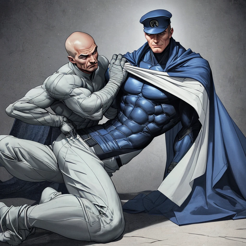 A realistic 3D male model in full body composition, wearing a full body hero suit and cape in the pattern of a professional baseball uniform, a very short haired, crew cut, cool, dandy-like, veteran-aged man with a shiny, sparkling blue cape that is longer than his body, gloves and a cap are always worn, an original hero, only the eyebrows, eyelashes and eyes are visible, his mouth is bandaged and sealed, the upper half of his face is bare with a sharp gaze, he has six pack abs, a muscular macho man with a sturdy body, he has both legs closed, his hands are clasped behind his back in an X shape, his whole body is bound and sealed with duct tape and he is held down. He has collapsed from exhaustion and is sleeping with his eyes closed. A coat of arms, in a dark room background, his whole body facing forward, backward, left and right (north, south, east and west), an image of him being restrained and mummified.