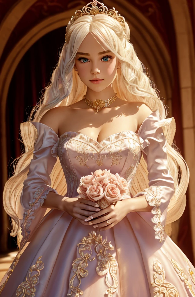 White Blonde hair, fluffy hair, stylish hair, long hair, lilac eyes, perfect eyes, beautiful, perfect face, tween, dainty , short, kind, curvy, a flowing pale airy gown with ruffles along the bottom with tiny pink flowers and gold dragon embroideries with flowers, Her tiara had a pretty teal gemstones, silver necklace, noble class, royal, royalty, red castle, feasting hall, medieval, elegant surroundings, soft dewy makeup look, light peach blush, soft tan eyeshadow, light coral lipstick, cutesy, girlish, girly, guileless, ingénue, princess , whimsical lighting, Targaryen, dragons in the sky, photorealistic