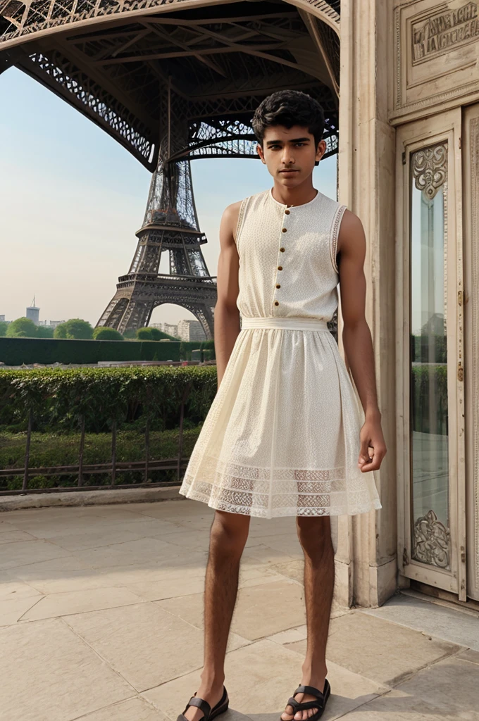 An 15 years old Indian boy with fair skin and wearing chic décontracté Style dress in front of Eiffel tower