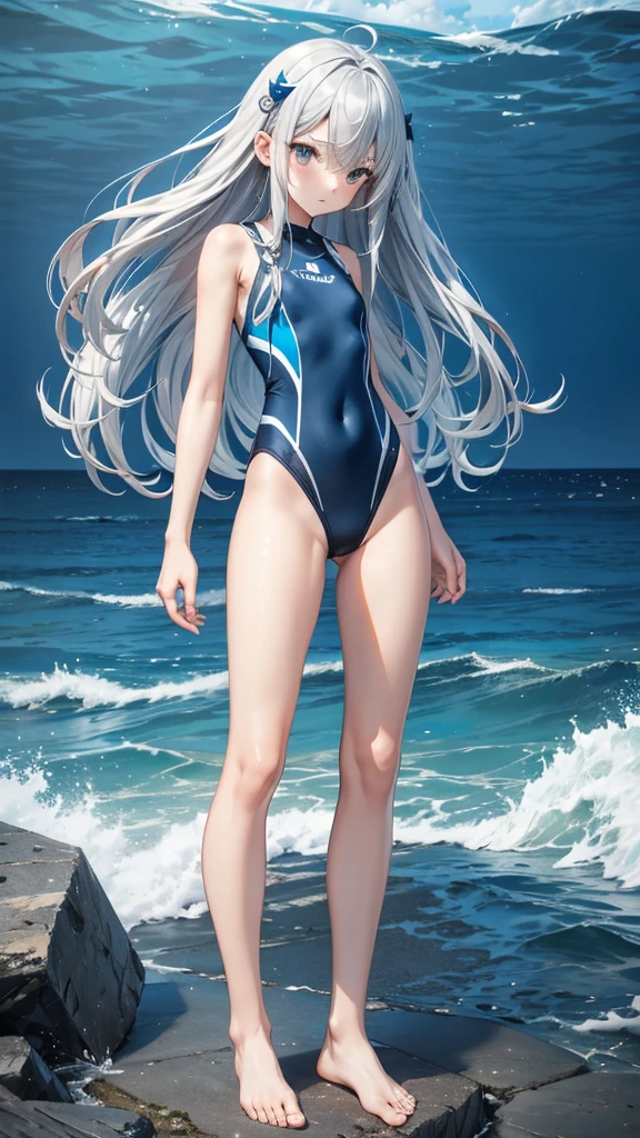 Silver long hair and flat chest,Hairpin,Dark blue sporty two-piece swimsuit,Bare Legs,barefoot,Standing,Sea