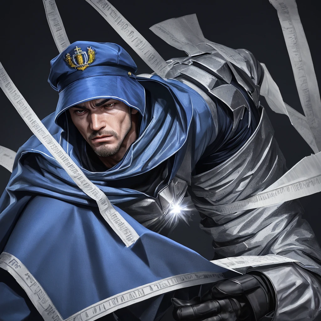 A realistic 3D male model in full body composition, wearing a full body hero suit and cape in the pattern of a professional baseball uniform, a very short haired, crew cut, cool, dandy-like, veteran-aged man with a shiny, sparkling blue cape that is longer than his body, gloves and a cap are always worn, an original hero, only the eyebrows, eyelashes and eyes are visible, his mouth is bandaged and sealed, the upper half of his face is bare with a sharp gaze, he has six pack abs, a muscular macho man with a sturdy body, he has both legs closed, his hands are clasped behind his back in an X shape, his whole body is bound and sealed with duct tape and he is held down. He has collapsed from exhaustion and is sleeping with his eyes closed. A coat of arms, in a dark room background, his whole body facing forward, backward, left and right (north, south, east and west), an image of him being restrained and mummified.