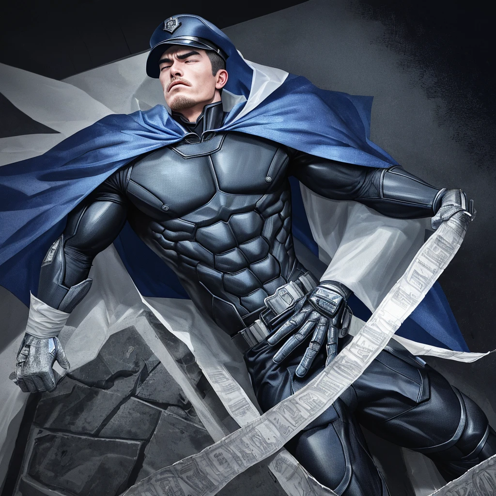 A realistic 3D male model in full body composition, wearing a full body hero suit and cape in the pattern of a professional baseball uniform, a very short haired, crew cut, cool, dandy-like, veteran-aged man with a shiny, sparkling blue cape that is longer than his body, gloves and a cap are always worn, an original hero, only the eyebrows, eyelashes and eyes are visible, his mouth is bandaged and sealed, the upper half of his face is bare with a sharp gaze, he has six pack abs, a muscular macho man with a sturdy body, he has both legs closed, his hands are clasped behind his back in an X shape, his whole body is bound and sealed with duct tape and he is held down. He has collapsed from exhaustion and is sleeping with his eyes closed. A coat of arms, in a dark room background, his whole body facing forward, backward, left and right (north, south, east and west), an image of him being restrained and mummified.
