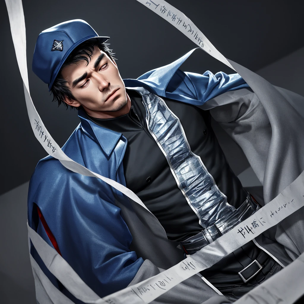 A realistic 3D male model in full body composition, wearing a full body hero suit and cape in the pattern of a professional baseball uniform, a very short haired, crew cut, cool, dandy-like, veteran-aged man with a shiny, sparkling blue cape that is longer than his body, gloves and a cap are always worn, an original hero, only the eyebrows, eyelashes and eyes are visible, his mouth is bandaged and sealed, the upper half of his face is bare with a sharp gaze, he has six pack abs, a muscular macho man with a sturdy body, he has both legs closed, his hands are clasped behind his back in an X shape, his whole body is bound and sealed with duct tape and he is held down. He has collapsed from exhaustion and is sleeping with his eyes closed. A coat of arms, in a dark room background, his whole body facing forward, backward, left and right (north, south, east and west), an image of him being restrained and mummified.
