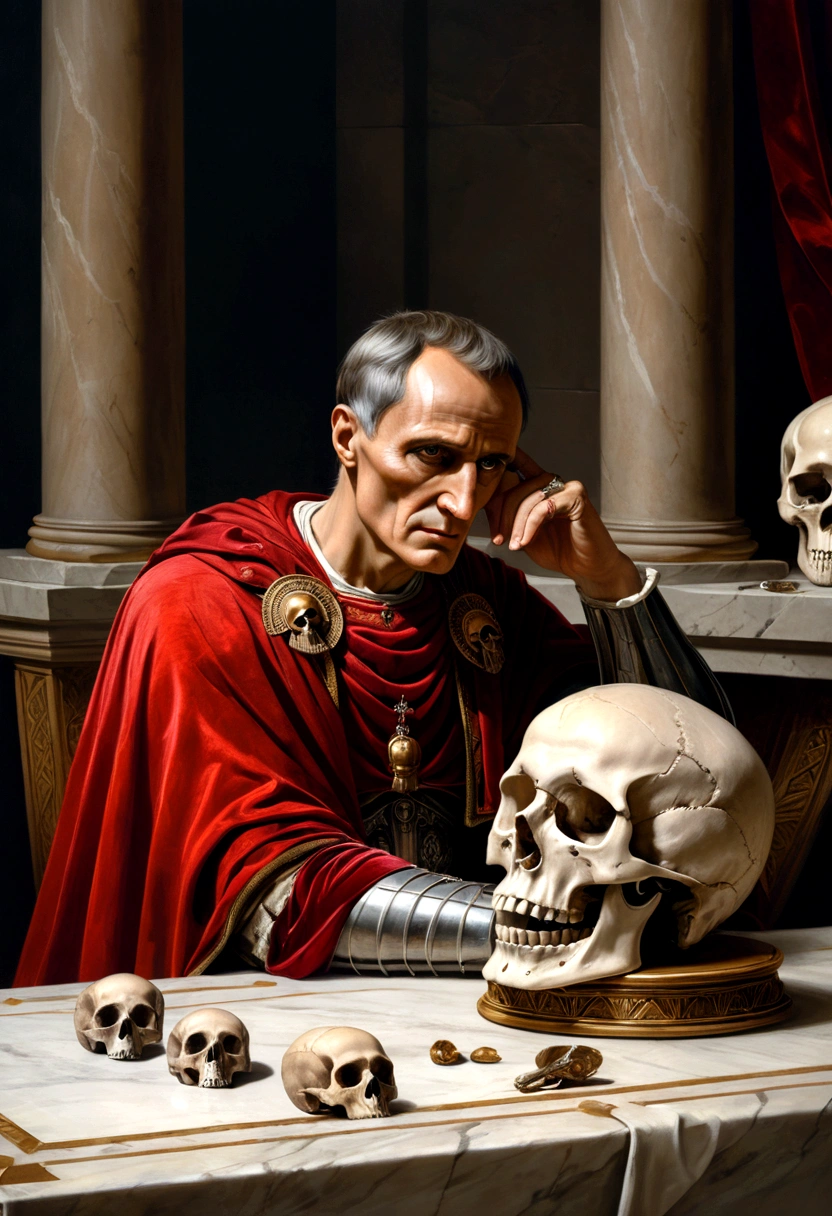 painting, julius caesar emperor of rome, sitting with his hands resting on a table, with no background, with a skull on the table, he observes the skull disillusioned, he is in his iconic clothes and his red cape, renaissance painting
