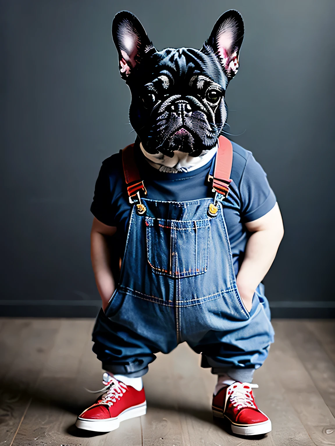 An anthropomorphic French bulldog wearing overalls and red shoes