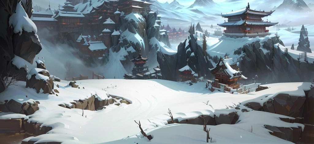 There is a painting,There is a mountain in the painting,A castle in the background, Onmyoji detailed art, Winter concept art, Game concept art, League of Legends concept art, background technologywork, Blizzard concept art, background technology, 以Game concept art形式进行绘制, Onmyoji, 暴雪Game concept art, g liulian art style, Arena Background, snowy environment