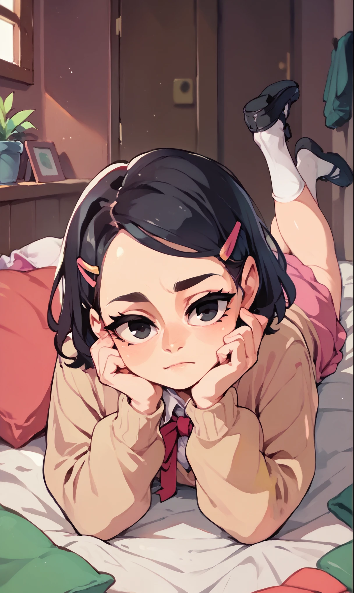 (score_9, score_8_up), score_7_up, score_6_up, score_5_up, score_4_up, Zenko, 1girl, black hair, hair ornament, hairclip, black eyes, short hair, beige cardigan, cardigan, pink dress, red ribbon, lying on bed, on stomach, elbow rest, hands on chin, looking away, expressionless, white socks, black footwear, legs up, cheeks, pout, indoors, bedroom, close-up xaxaxa